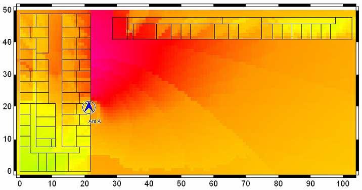 Predição com o Modelo do Caminho Dominante (3D) com a antena na posição A. Posição do transmissor Fig. 10. Previsão com o Modelo do Caminho Dominante com o transmissor na posição 3.