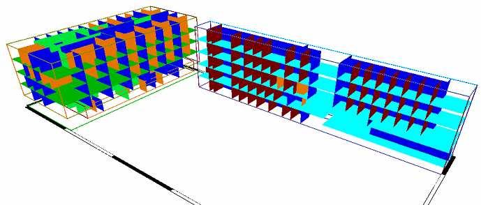 A base de dados que descreve este edifício contém 355 objetos planares. Na Fig. 11 temos uma visão tridimensional (sem as paredes externas) deste cenário. Fig. 13.