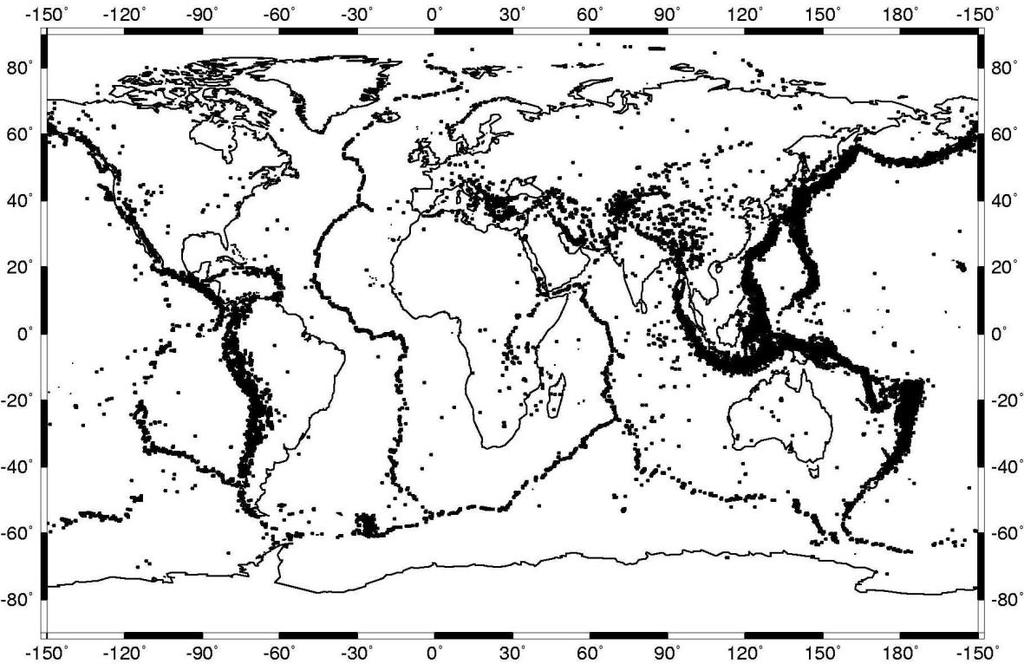 Figura.33 - Distribuição geográfica da sismicidade com magnitude superior a 5 para o período 1980-1999, que identifica as zonas tectonicamente activas.