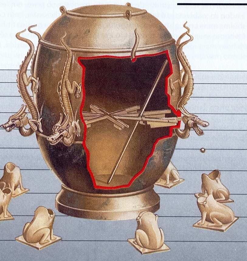 Sismógrafo chinés (132 d.c.) Indicava a direção de um terremoto pela liberação de uma bola de bronze que caia da boca de um dragão na boca de um sapo situado embaixo.