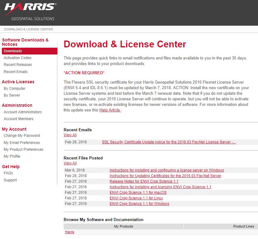 Após fazer o login no Centro de Licenciamento e Download da Harris, na página inicial haverá a seção Browse My Software and Documentation, que listará todos os links para download dos softwares e