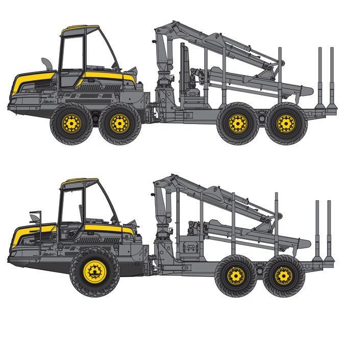 PONSSE BUFFALO DIMENSÕES Peso mínimo: 6 rodas 17 200 kg 8 rodas 18 600 kg Peso normal: 6 rodas 18 400 kg 8 rodas 19 800 kg Comprimento: 9 610 10 770 mm + extensão deslizante 700 mm Largura: 2 895 3