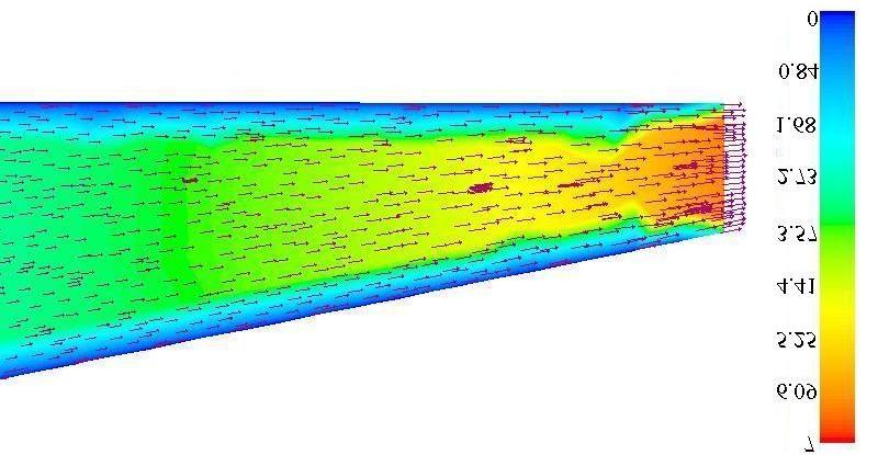 Nota-se que existem zonas de recirculação e que o fluxo nessa região é completamente desordenado. Essas zonas de recirculação aparecem nas regiões entre as saídas dos tubos difusores.