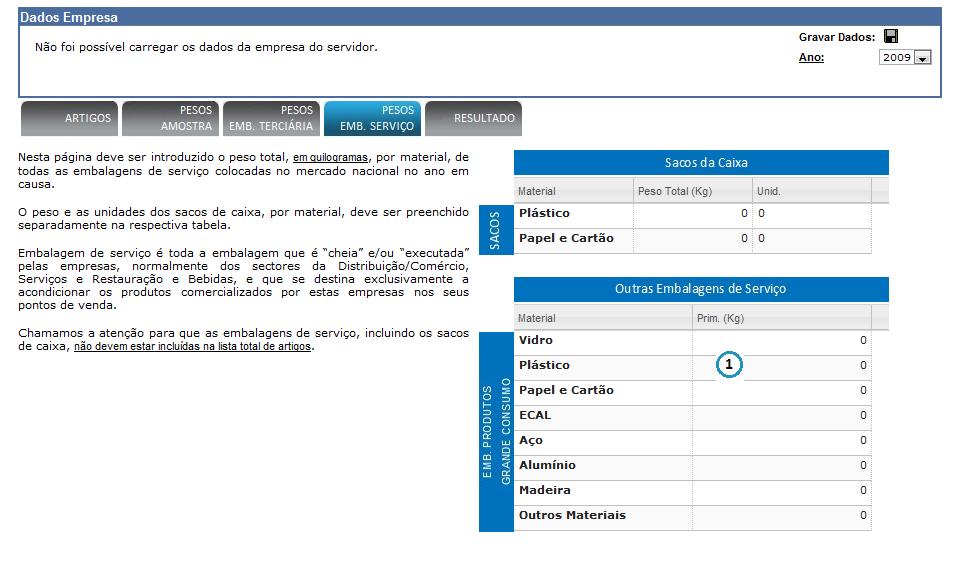 3.1.4. Tab Pesos Emb. Serviço Esta Tab serve para introduzir os Pesos Totais de Sacos de Caixa e de Outras Embalagens de Serviço, descriminados por material.