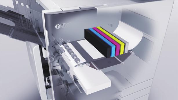 A Vantagem da FORCEJET A tecnologia a jato de tinta de alta velocidade da RISO, FORCEJET, consiste em cabeças de impressão a jato de tinta largas, coloridas e em linha, organizadas paralelamente para