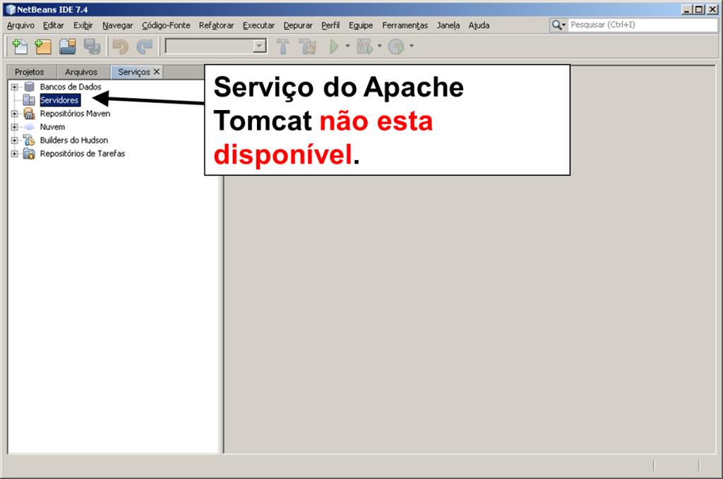 Examine no grupo Servidores no NetBeans se o Apache Tomcat esta disponível.