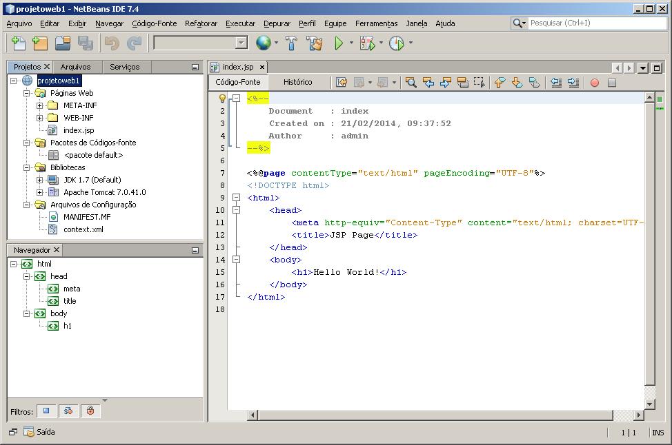 Passo 5: Com o projeto configurado a figura a seguir exibe a área de desenvolvimento do projeto. A esquerda é exibida a estrutura do projeto e a direita o editor do código fonte.