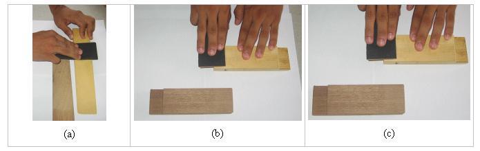 Figura 2 Processo de lixamento dos corpos de prova das juntas biselada(a) e encaixada(b) e sobreposta(c).