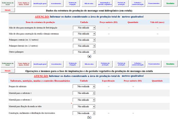 As telas para inserção dos dados relativos à estrutura de produção, à fase de implantação e ao período vegetativo dependem do ambiente de produção selecionado (túnel baixo, semihidropônico ou