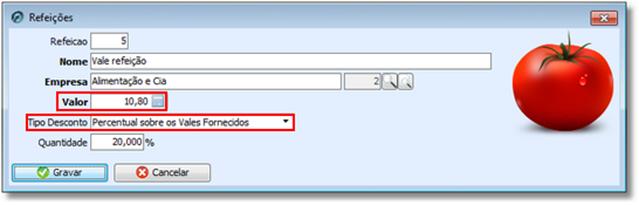 Depois é necessário cadastrar os tipos de vale refeição em: Arquivos >> Folha >> Vale Refeição/ Refeições.