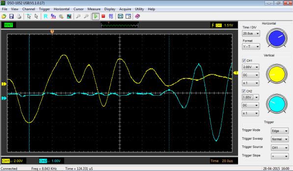 6.3 Determinação da velocidade longitudinal do som Hastes longas: Ler o tempo T1, p.ex., entre dois picos dos pacote de oscilações com auxílio dos cursores no oscilograma.