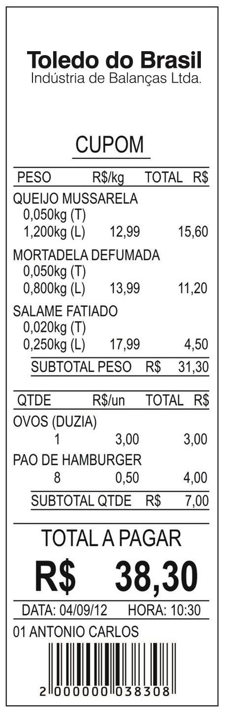 No Modo Comanda, as vendas relacionadas à um cliente serão acumuladas Além das informações relacionadas aos produtos como tara, peso ou quantidade, preço/kg ou preço/ unidade, preço total de cada