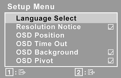 Setup Menu (Menu de Configuração) exibe o seguinte menu: Language Select (Idioma) permite que você escolha o idioma utilizado nos menus e nas telas de controle.