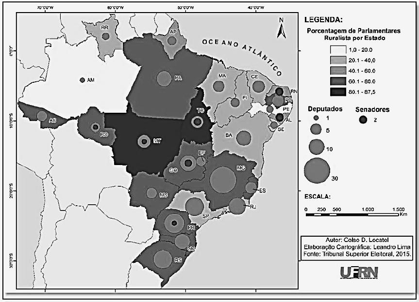 UNIVERSIDADE FEDERAL DE JUIZ DE FORA PISM 2018 Módulo II Dia 1 PROVA DISCURSIVA DE GEOGRAFIA QUESTÃO 1 - O mapa a seguir representa a quantidade de parlamentares integrantes da bancada ruralista na