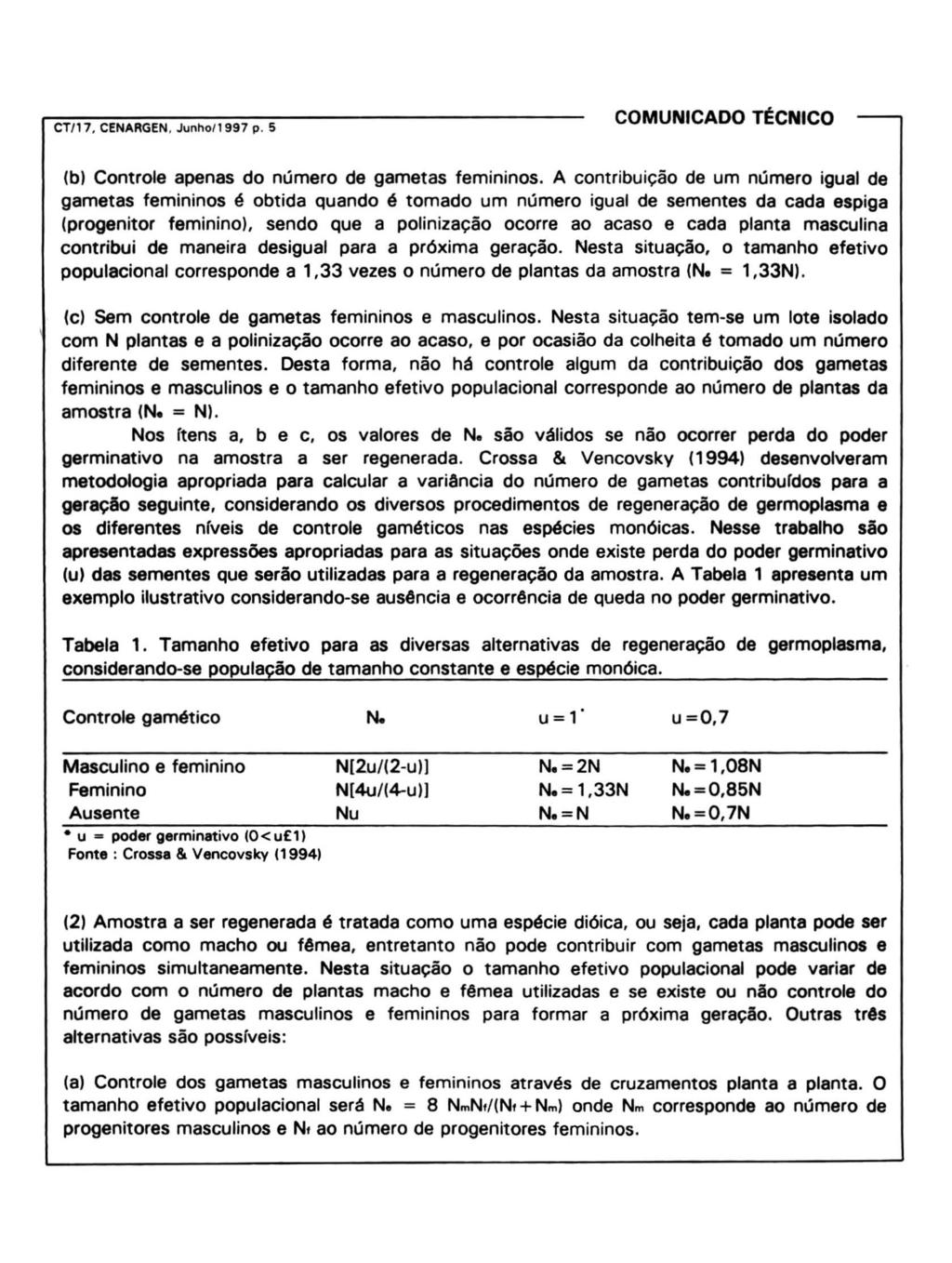 CT/l'. CENARGEN. Junhol 1997 p. 5 (b) Controle apenas do número de gametas femininos.