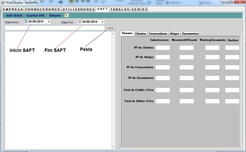 --- SAFT --- O ficheiro SAFT consiste num ficheiro normalizado de auditoria tributária para exportação de dados. O pcplusexpress permite essa exportação manual através do seguinte procedimento.