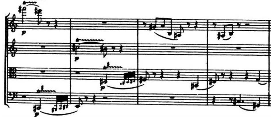 QUESTÃO NÚMERO 14 - A fórmula de compasso do seguinte trecho retirado de um quarteto de cordas de B.