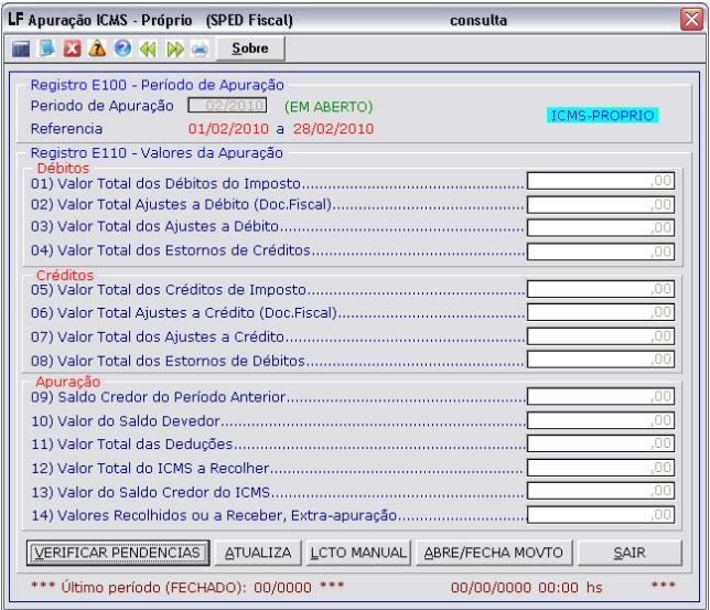 Com as tabelas já importadas o processo de Apuração de ICMS pode ser iniciado. Entre em Indústria>Apuração de I.C.M.S>APURAÇÃO ICMS (PRÓPRIO).