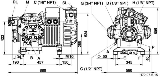 alta pressão E - Bujão de dreno de óleo F - Resistência de cárter G - Retorno de óleo H - Conexão de pressão de óleo M - Sensor de