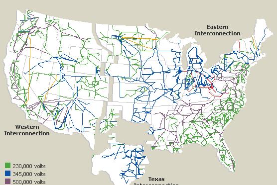 Rede de Energia Elétrica nos EUA Pontos: sub-estações de energia Operados por diferentes