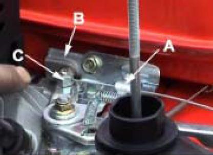 4. Certifique-se que o punho de aceleração está totalmente para a frente. Retire a tampa de respiração do motor. Remova o cabo de ajuste (A).