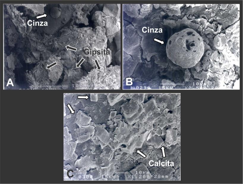 Os resultados da análise das imagens obtidas com o MEV de fragmentos de rocha com crosta negra, oriundos do pavimento inferior, mostram a presença de gipsita (CaSO 4.