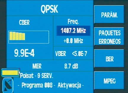 3.3.3.2.2.4.3.- QPSK (somente na banda satélite) Esta função mede a BER dum sinal digital com modulação QPSK. A janela de informação é idêntica à das modulações QAM e COFDM.