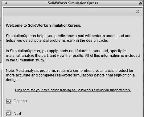 Selecionar o botão SimulationXpress Analysis ou menu Tools, SimulationXpress; 2. Clicar Options.