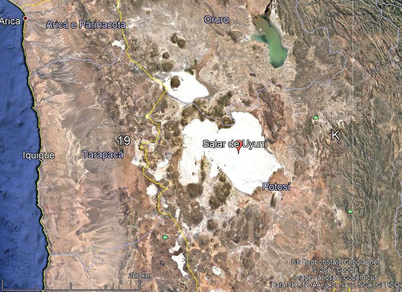 A figura abaixo mostra a localização deste salar na Bolívia.