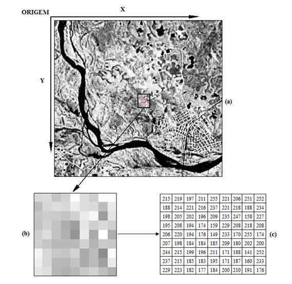 Figura 4.2 (a) imagem digital com grupo de pixels selecionados; (b) zoom da janela de 9x9 pixels; (c) valor dos contadores digitais da função f(x, y). Fonte: CEPSRM-UFRGS. 4.1 Histograma da Imagem Numa imagem, a informação da quantidade de vezes que uma determinada cor se repete representa o histograma dessa imagem.