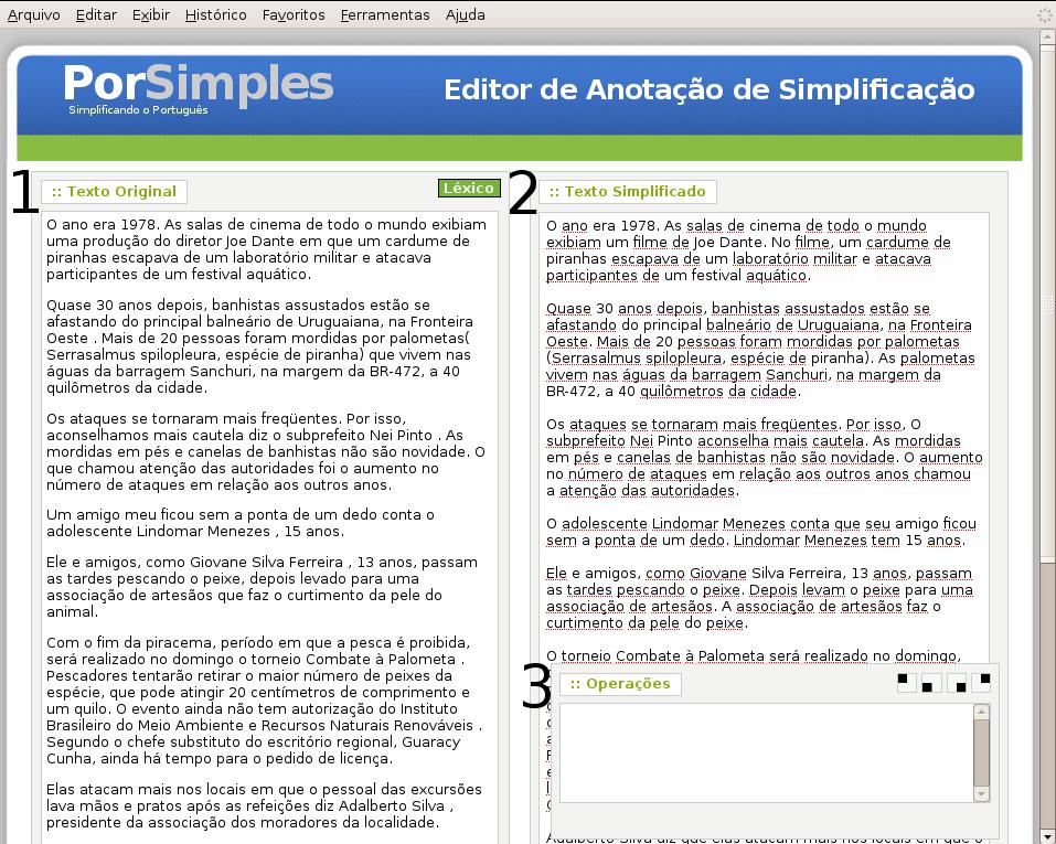 Figura 5. Tela de Simplificação Natural de um texto original A(s) sentença(s) simplificada(s) correspondente(s) a uma sentença original deve(m) ser introduzida(s) manualmente em 2.