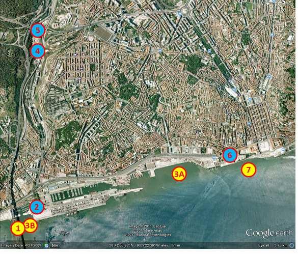 Figura 6 Localização das estações de medição nas campanhas experimentais De forma a permitir a caracterização de um ciclo completo de maré, cada campanha experimental foi planeada com uma duração de