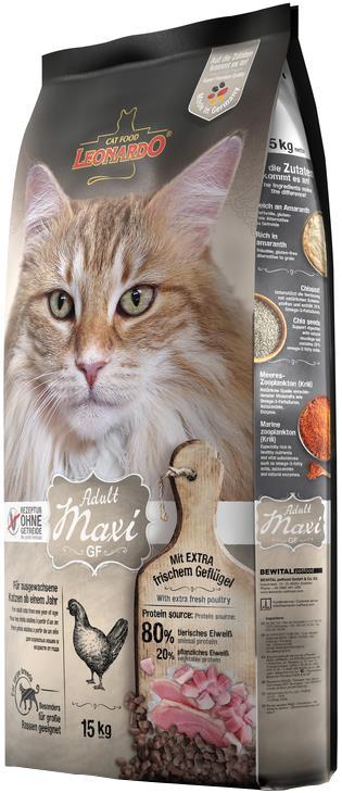 LEONARDO ADULT MAXI (GRAIN FREE) Leonardo Adult Maxi GF é uma receita preparada para gatos de raças grandes a partir de um ano, como o Bosques da Noruega, Maine Coon e também para gatos de pelo