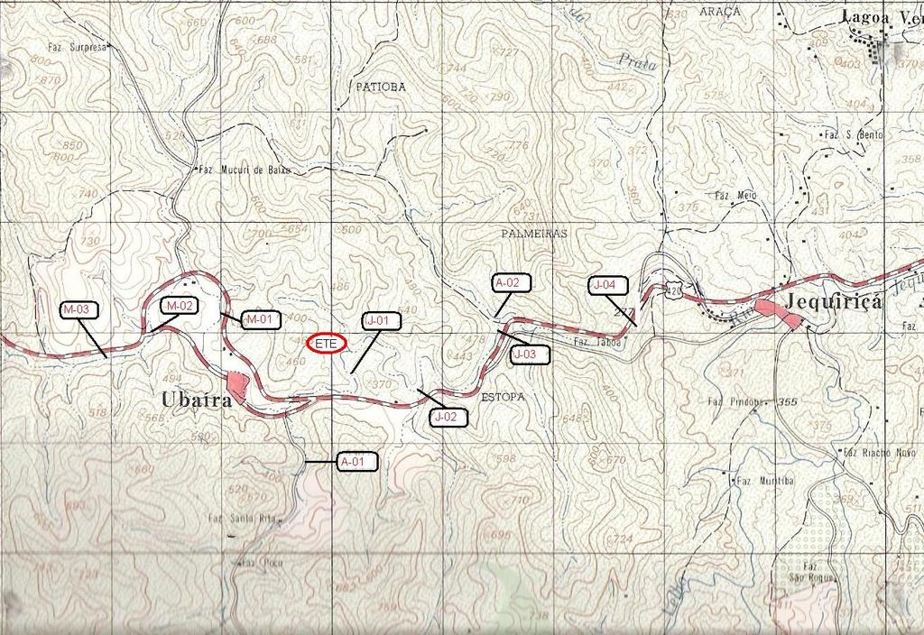 Características hidrodinâmicas O trecho do rio Jiquiriçá em estudo apresenta uma extensão de 17.230 m, desnível 54 m, declividade de 3,19 m/km, vazão média de 1,88 m 3 /s (CRA, 2001, p.6).