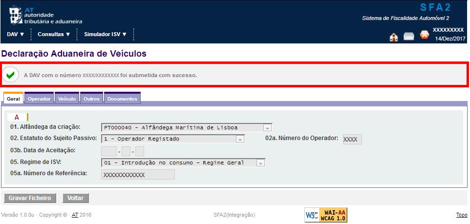 Após a validação dos dados, o utilizador deve submeter a declaração pressionando o botão e será notificado com uma mensagem de sucesso (Figura 11).