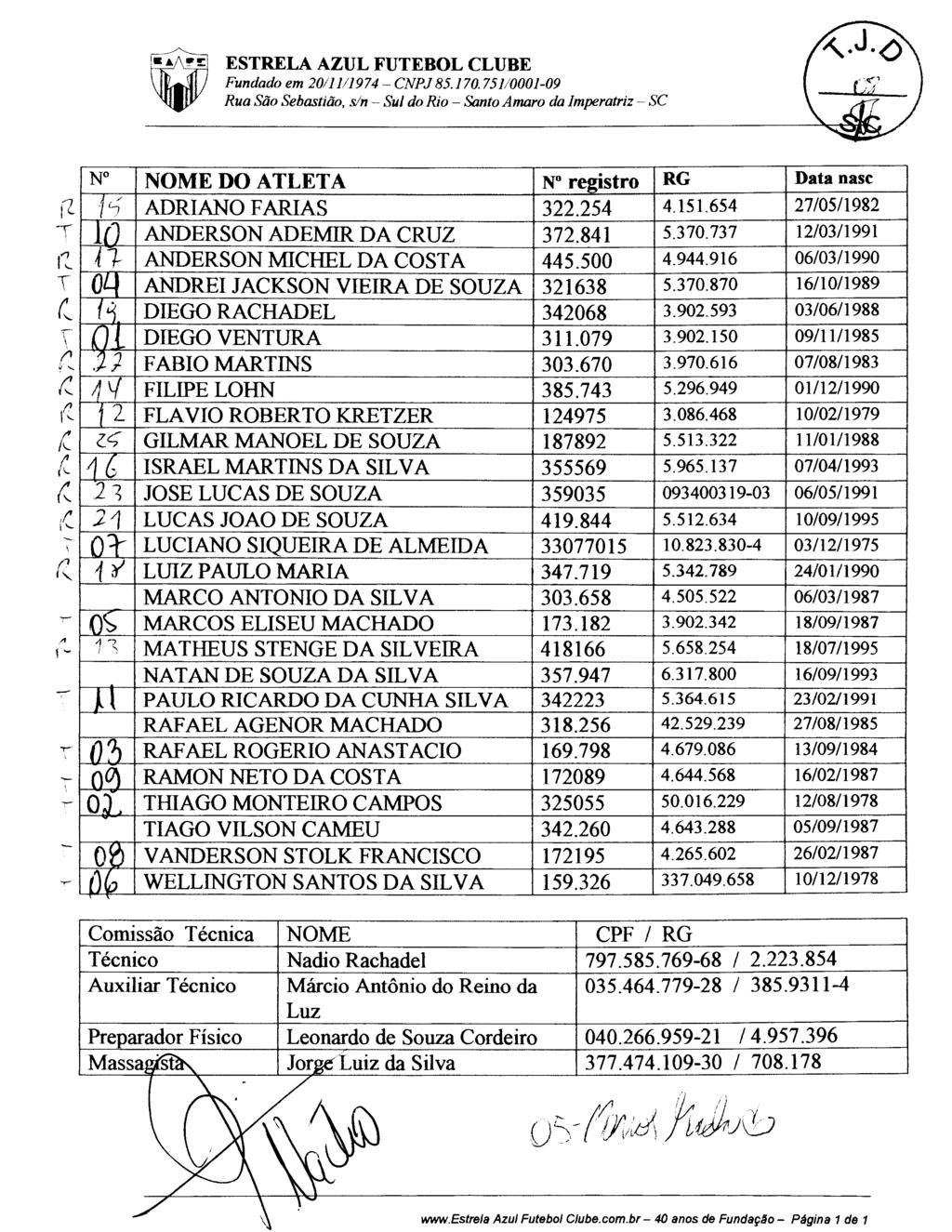 ~ Ẏ t.\~!: ESTRELA AZUL FUTEBOL CLUBE Fundado em 20!!974-CNPJ85.70.75/000J-09 Rua São Sebastão, s!