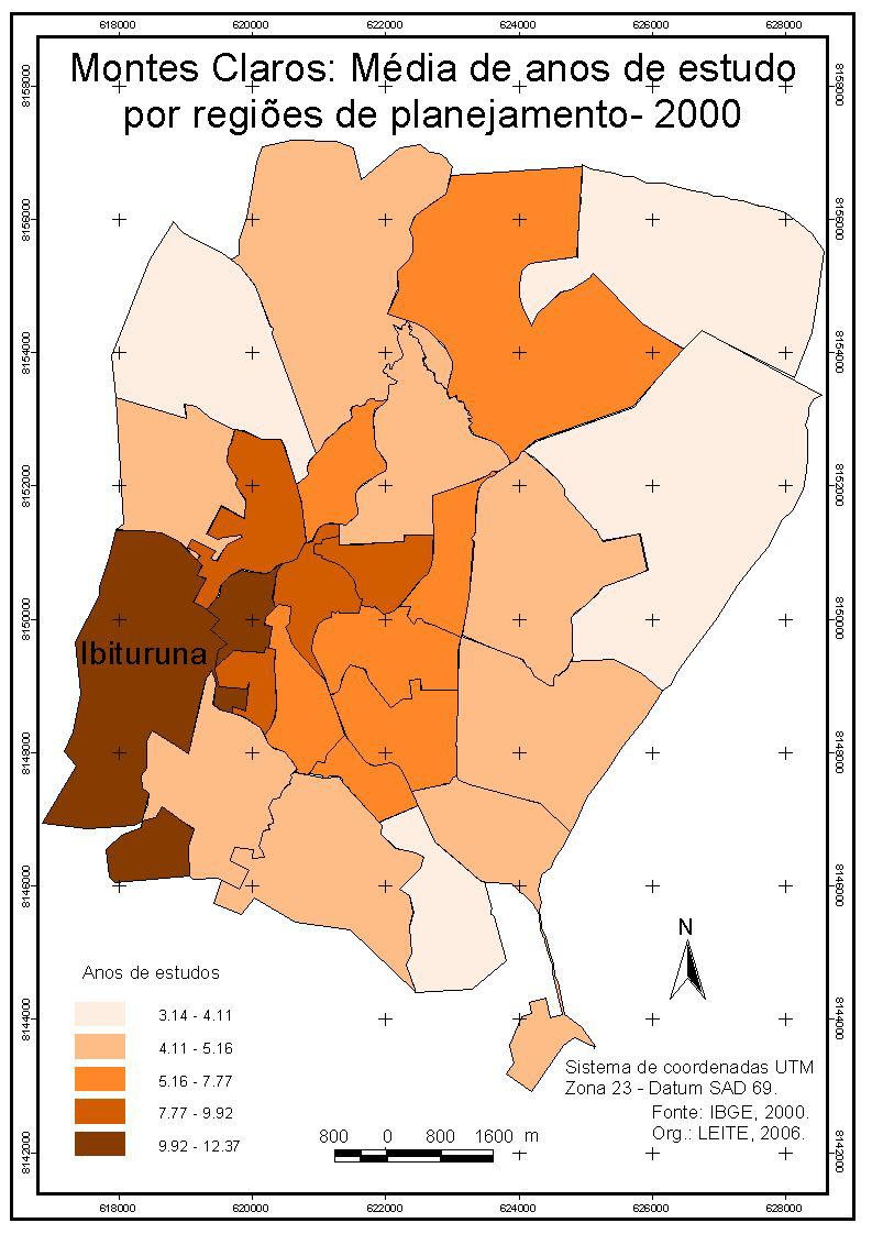 das classes determina a distribuição espacial dos serviços tanto privados como públicos (VILLAÇA, 2001, p. 315). Mapa 03- Montes Claros: média de anos de estudo por regiões de planejamento -2000.