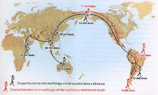 Questão 7: Observe o mapa abaixo: Fonte: NEVES, W.; HUBBE, M. Luzia e a saga dos primeiros americanos. Scientific American Brasil, n. 2, p.