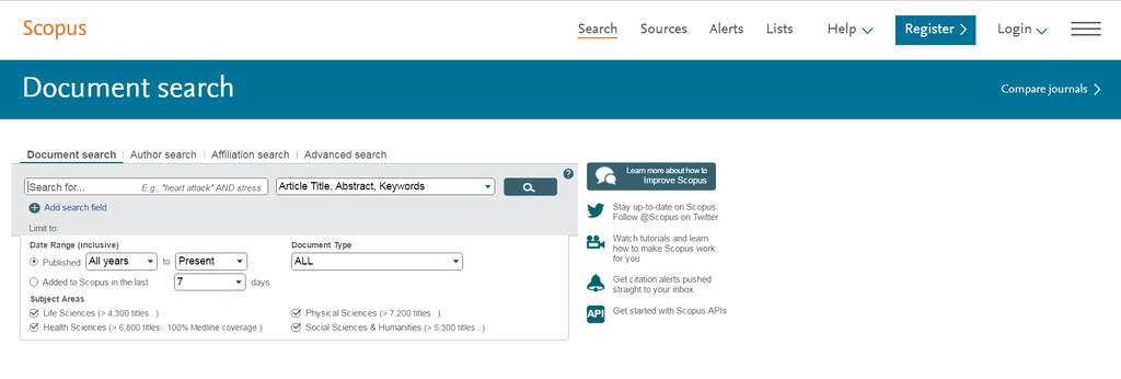 Scopus Começar uma pesquisa No interface inicial da Scopus pode fazer: