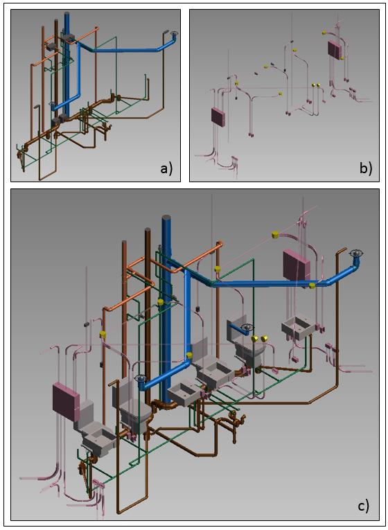 combinação destas (c) na região dos sanitários do 6º pavimento. Estas formas de visualização foram obtidas através do controle de visibilidade do modelo contido no arquivo DWF.