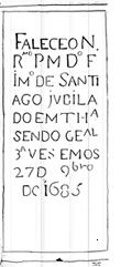 / R(everendissi)mo P(adre)M(estre)Do(utor) F(rei)/ I(eroni)Mo DE SANTI/ AGO JVBILA/ DO EM TH(eologi)a/ SENDO GE(r)al/ 3º VES EM OS/ 27 D(e) O(utu)bro / DE i685 Tradução Faleceu,