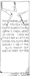 VESPE/ RA IV 8 0B I NOV 1665/ P. M. D. F. ANT. A II ET. CA?IC/EIVS DE COL. OL MD A(nexoB)/ I(nexoN?)ACAD. I. I. OB 1 F. 1746/ ALIFI MHVIVc SEP/ NVEIVS. TRASI. 2?6 F. 1933. Tradução Não traduzido.