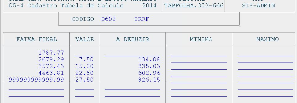 Acesse a opção 05-4 Cadastro Tabela de Cálculo para efetuar as alterações,