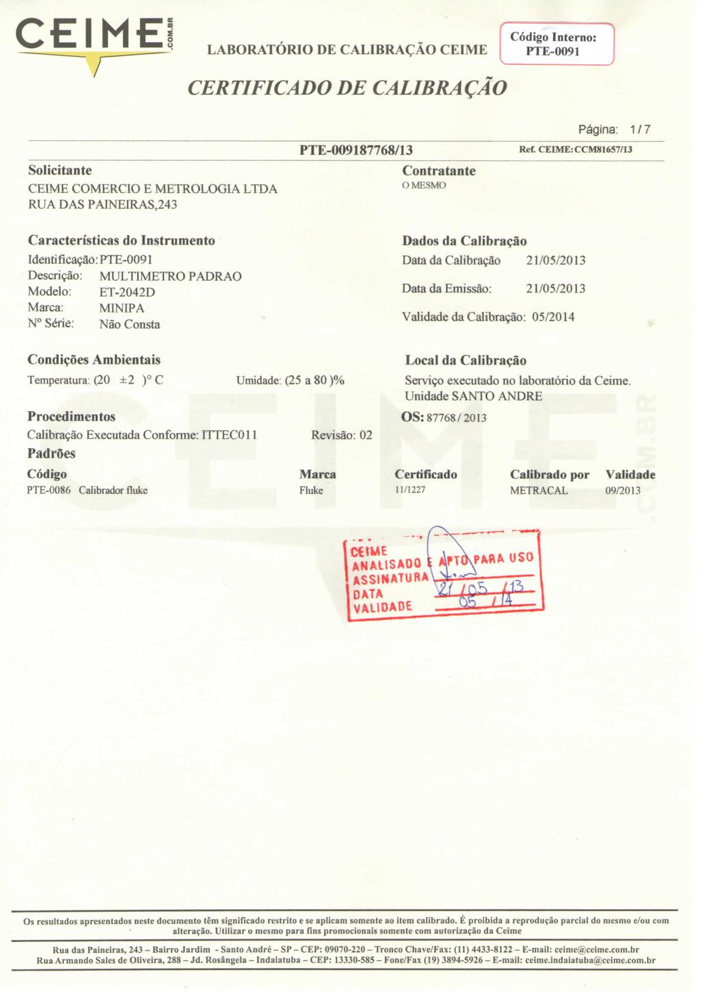 CEIME i Código Interno: PTE-0091 Solicitante CEIME COMERCIO E METROLOGIA LTDA RUA DAS PAINEIRAS,243 Contratante O MESMO Página: 1 / 7 Ref.