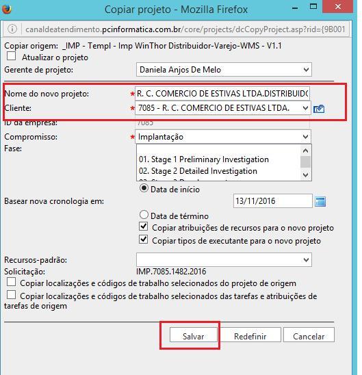 Página 4 de 11 Após escolher o template irá abrir a tela para verificar o nome do projeto se está escrito corretamente e depois clicar salvar: Uma vez o projeto criado,