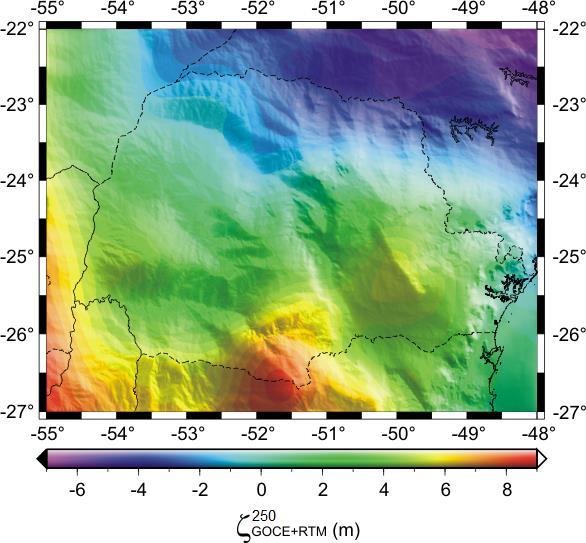 altitudes anômalas fornecidas pelos MGGs ( 240, 250, 1420 ) e os efeitos residuais do terreno ( 240, 250, 1420 ) foi efetuada com