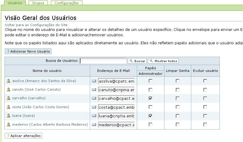 Visão geral dos usuários Selecionando-se esta opção Mostrar todos, todos os colaboradores cadastrados serão