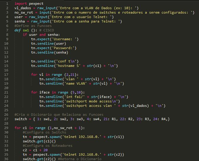 Figura 3 - Código em Python RESULTADOS E DISCUSSÃO Na Tabela 1 apresenta o método de configuração manual, copiar e colar do inglês (copy and paste) que utilizou 769 linhas de código, para configurar