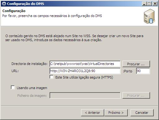 - URL: Caminho do site indicado anteriormente; - Porto: Porto definido na criação do Web application; - Este Site utiliza ligação segura (HTTPS): Selecionar se a instalação do Sharepoint foi