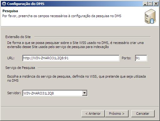 6. Configurar os parâmetros do Site WSS: - Administrador do Site: Administrador a utilizar na criação do Site